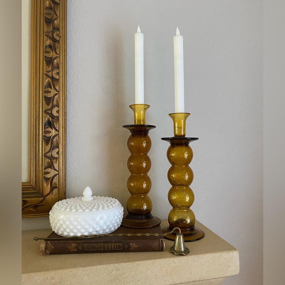Vintage Midcentury Hand Blown Amber Bubble Glass Candle Holders MCM